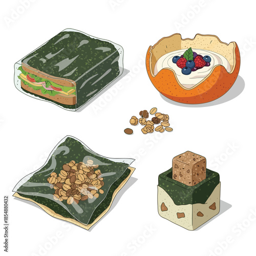 Healthy japanese style food set with seaweed wraps and yogurt bowl