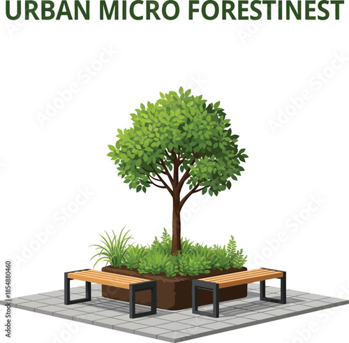 Urban micro forest nest concept with tree and benches