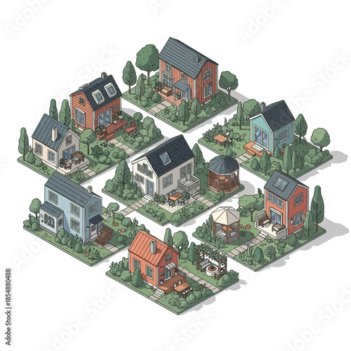 Isometric illustration of various colorful suburban houses and gardens