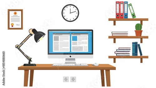 Vector Illustration Modern Computer Desk Workspace.