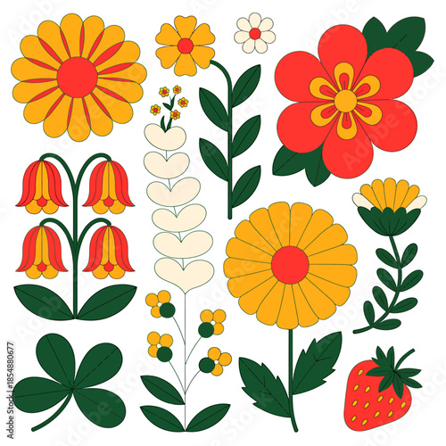 Colorful hand drawn collection of flowers and plants with growth stages