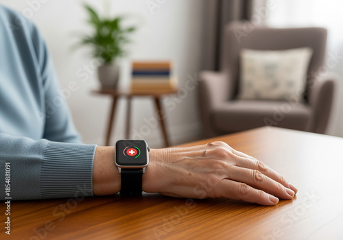Person wearing smartwatch with health icon on wooden table
