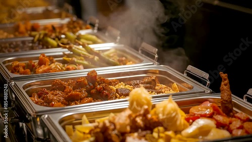 Steaming buffet trays filled with freshly prepared dishes under warm lighting showcasing professional catering service variety and hot meal selection