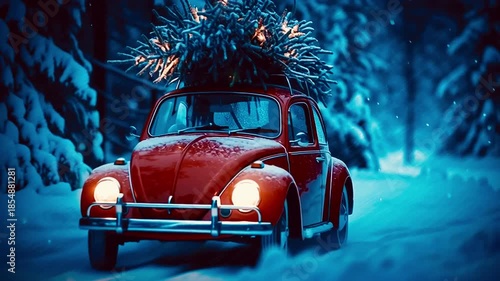 Red vintage car transporting a christmas tree on its roof, driving through a magical, snowy forest at night with headlights illuminating the path and gentle snowflakes falling all around