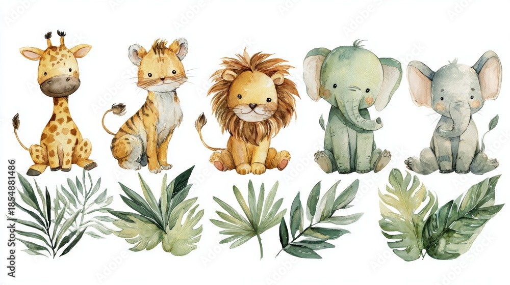 Obraz premium Watercolor illustration of cute baby jungle animals including giraffe, tiger, lion, and elephants with tropical leaves on white background