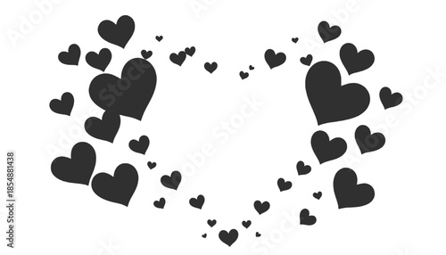Black heart shapes arranged to form a large heart on white background representing love romance affection and minimal design.