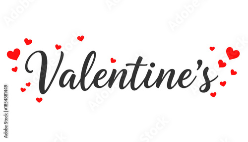 Valentines handwritten script text surrounded by small red hearts on white background representing love romance and valentine celebration.