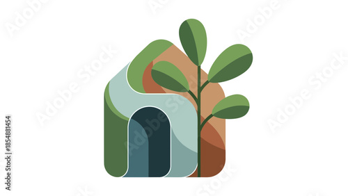 Modern abstract house with green plant growing through it