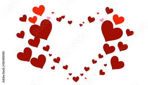 Red heart shapes floating and scattered on white background representing love romance affection and valentine celebration.