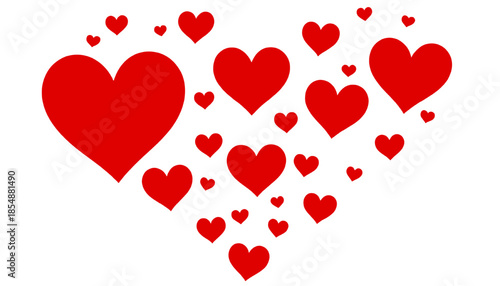 Red heart silhouettes scattered on white background representing love romance emotion and minimal design