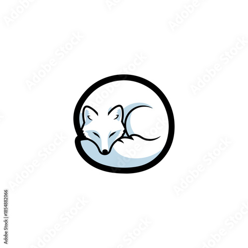 Minimalist Arctic Fox Curled Up In Circle Logo Design.