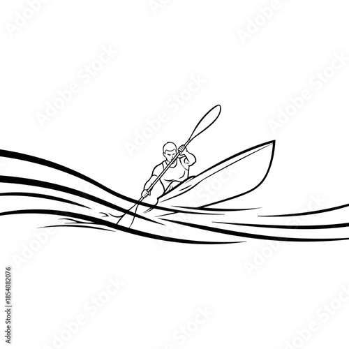 Minimalist line art of a person paddling a boat.
