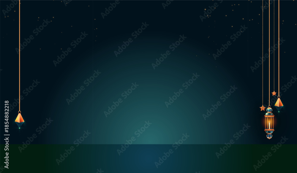 Naklejka premium Ramadan Lantern Background with Copy Space and Hanging Islamic Decorations.
