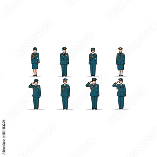 Group of blue uniform flight attendants arranged in a row.