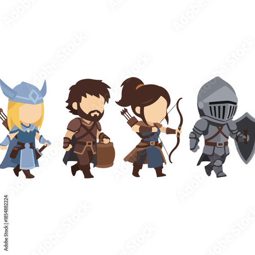 Group of four fantasy medieval warriors standing together.