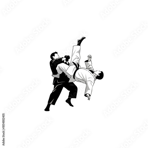 Two martial artists executing a judo throw in competition.