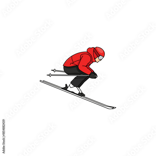 Skier in Red Jacket Descending Snowy Slope.