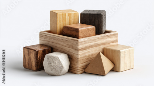 A 3d set of brown wooden toy blocks and cubes isolated on a white background for building a square house puzzle or logic game construction concept