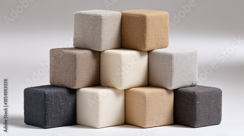 An isolated pile of natural brown and white cane sugar cubes forms a sweet crystal heap of square food pieces on a plain background