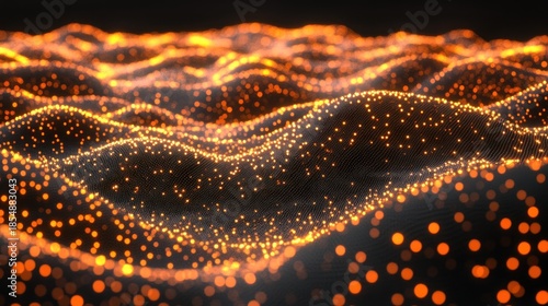 Abstract digital landscape of glowing orange particles