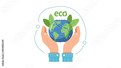 Eco friendly hands holding the Earth with green leaves