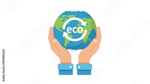 Hands cradling a vibrant eco-friendly globe with recycling symbol
