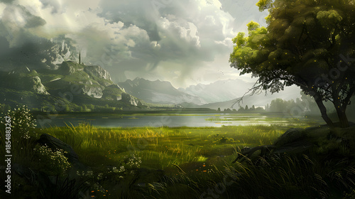 Fantasy mountain landscape with lake, trees and cloudy sky
