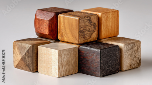 A stack of square brown wooden blocks and a red toy cube isolated on a white background create a geometric puzzle concept for building and play