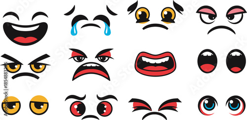 Cartoon facial expressions grid, emotional faces illustration, bold colorful emotions, happy sad angry surprised bored excited, character design set
