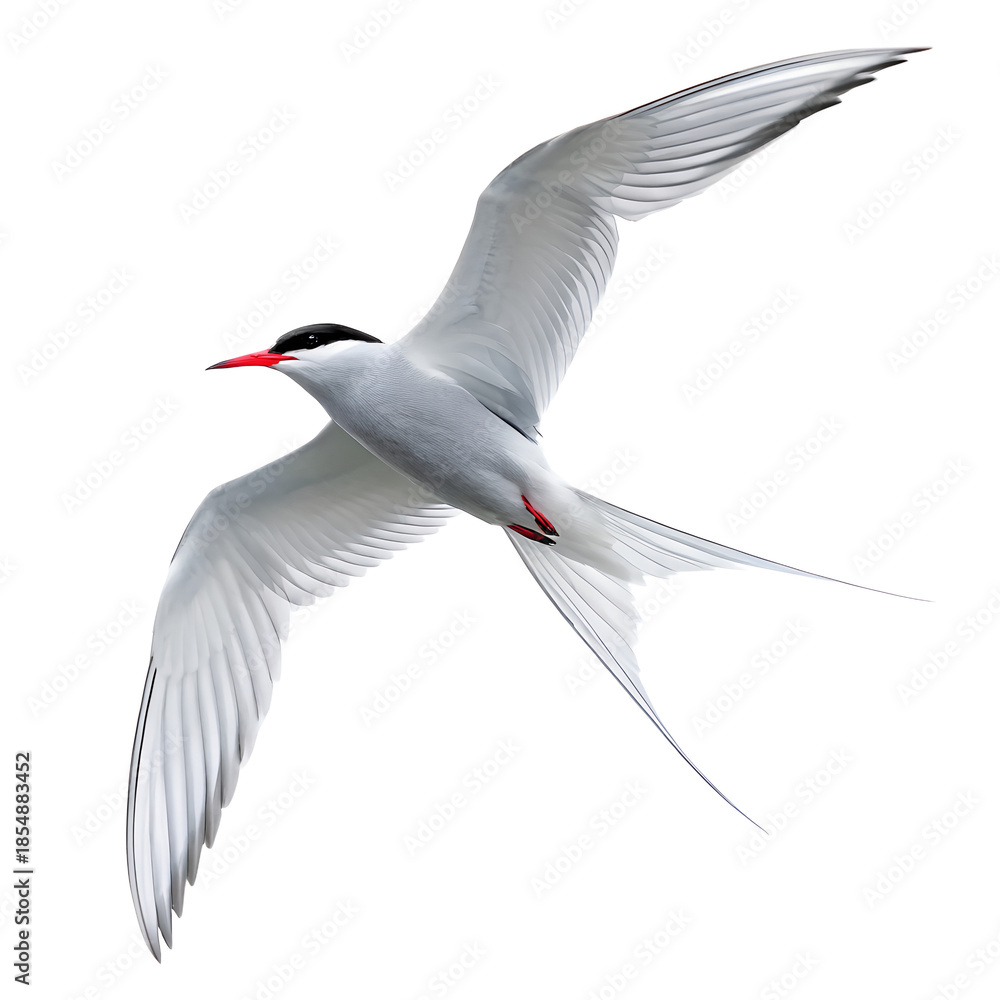 Fototapeta premium An Arctic Tern in graceful flight against a dark background.