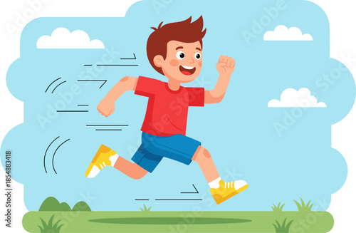 Cartoon boy running outdoors, energetic child in motion, active lifestyle, summer activity, fitness for kids, playful exercise, nature background, healthy habits