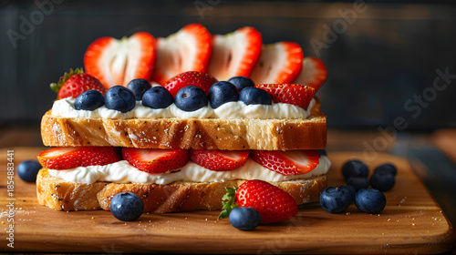 Layered French Toast with Strawberries, Blueberries, and Whipped Cream