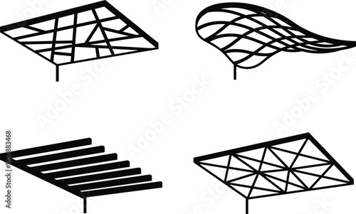 Four black abstract canopy designs for architectural structures and modern building constructions.