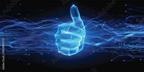 An abstract human hand with a blue circuit board design featuring a thumbs up gesture and technology icons as a business concept symbol of good energy