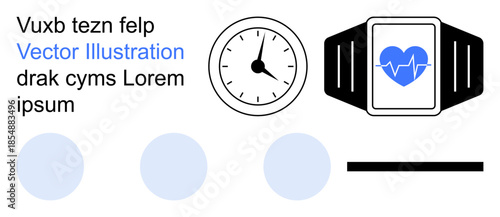 Healthcare, time management, fitness tracking, remote monitoring, wellness apps, medical tools. Smartwatch with heart icon, clock and text elements. Healthcare and fitness tracking concept