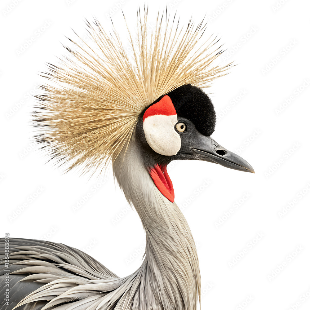Naklejka premium Majestic Grey Crowned Crane with golden crown against a black background.