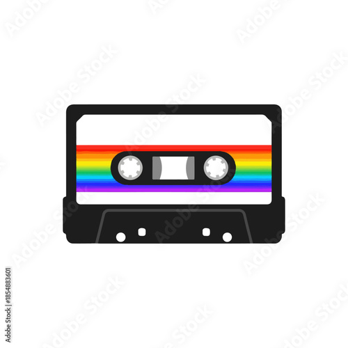 Retro Cassette Tape with Rainbow Stripes Design.