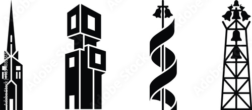 Set of four black tower designs for architectural landmarks and religious structure silhouette vectors.