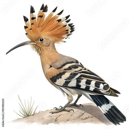 Detailed illustration of a Hoopoe bird standing on the ground.