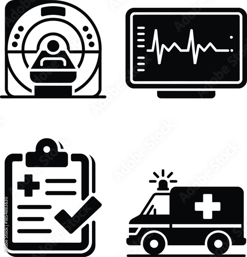 Medical services icons featuring diagnostics, records, and emergency transport