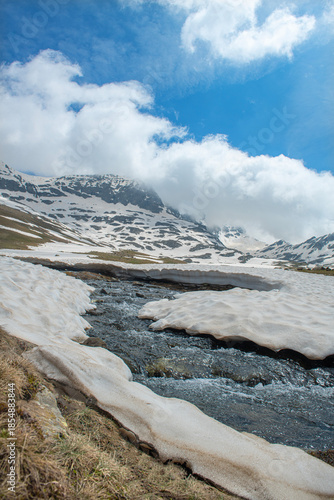 Snow melting in the Ovit Plateau in Rize. Snow turning into streams in autumn. Glaciers melting in spring. A view of snow and streams on a sunny day. Ovit Pass. Magnificent views from the Ovit Plateau