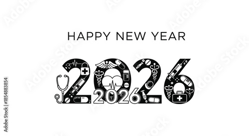 A festive new year greeting for 2026 creatively designed with medical symbols and imagery