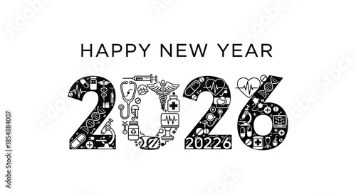 A festive new year greeting for 2026 incorporating medical symbols within the year s digits