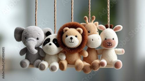A fluffy brown stuffed teddy bear sits on a white and wooden background as a soft plush toy gift for a child during the Christmas holiday