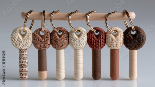 A closeup of a row of wooden clothes hangers on a brown metal railing showcases an old architectural style featuring decorative stone pillars and a balustrade design