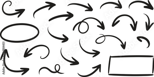 Hand drawn arrow icon set, sketch doodle direction symbols, black vector illustration isolated on white background