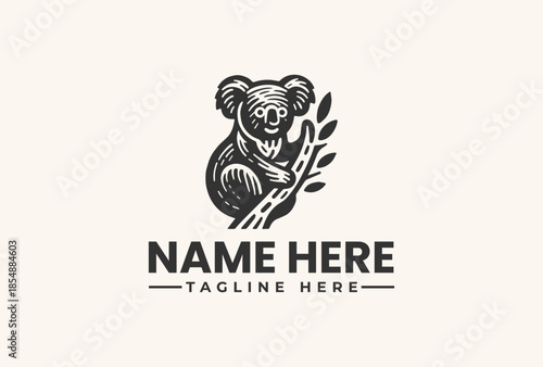 A black and white illustration of a koala bear sitting on a branch with leaves, accompanied by a placeholder name and tagline in a simple, modern design.