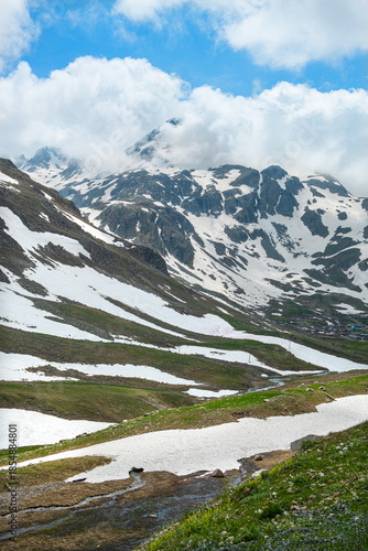 Snow melting in the Ovit Plateau in Rize. Snow turning into streams in autumn. Glaciers melting in spring. A view of snow and streams on a sunny day. Ovit Pass. Magnificent views from the Ovit Plateau