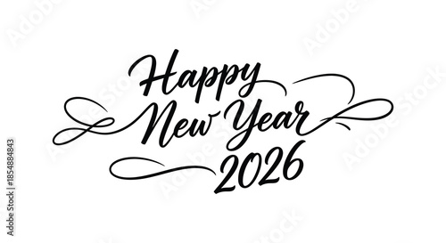 Elegant black and white calligraphy design displaying a happy new year 2026 greeting message