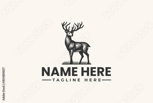 A logo featuring a stylized illustration of a deer with large antlers standing on a simple background with a tagline and name placeholder in a vector style.